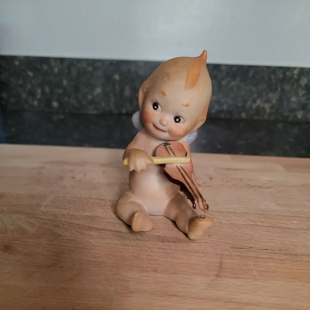 VINTAGE ARDALT JAPAN BLUE WINGED KEWPIE PORCELAIN BASS PLAYING FIGURINE #6490D